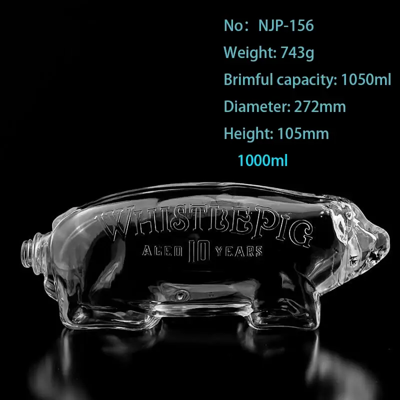 Customized 1000ml Pig Shaped Transparent Super Flint Glass Bottle – Unique Design for Whisky with Screw Cap