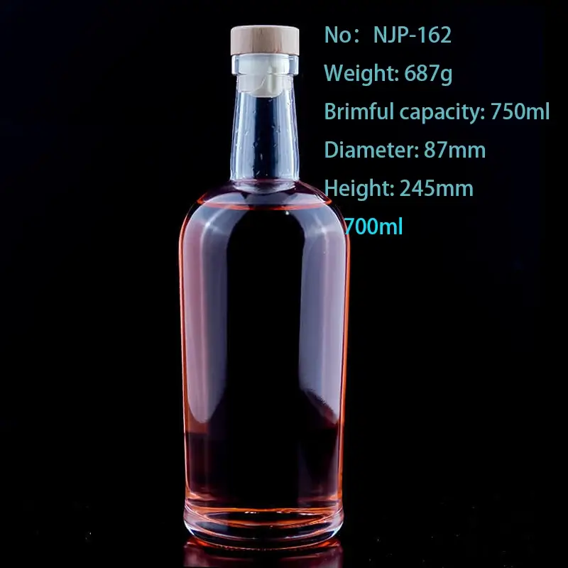 Wholesale Custom Clear Round Classical Empty Brandy Liquor Glass Bottle with Cork Stopper