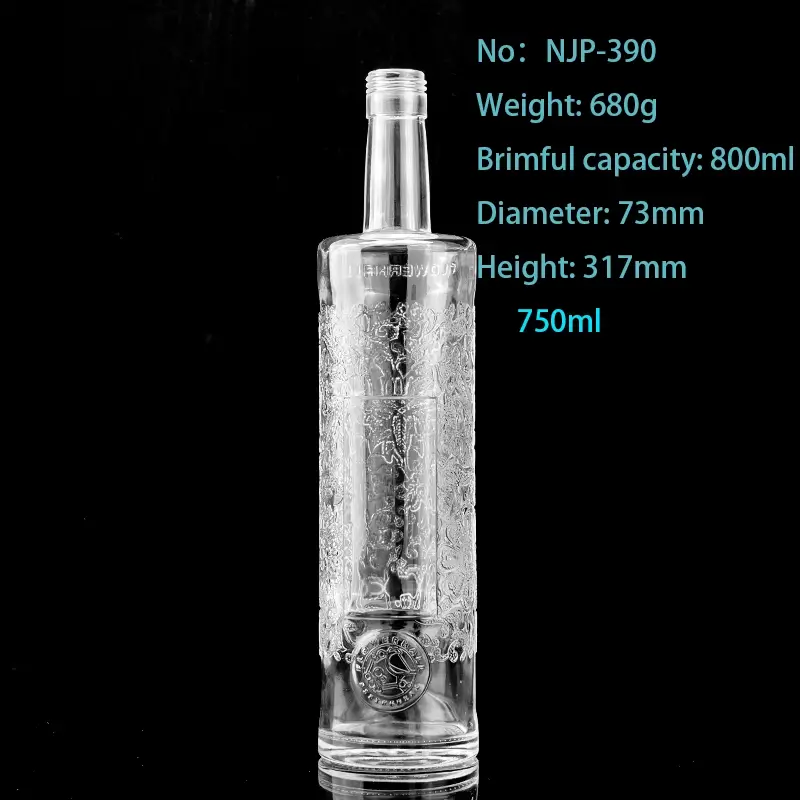 Custom 750ml Super Flint Engraved Round Glass Liquor Bottle with Cap – Vodka & Spirit Packaging