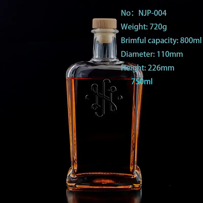 Premium 750ml Rectangular Liquor Glass Bottle with Cork | Durable Tequila & Gin Packaging, Custom Engraved Logo Wholesale