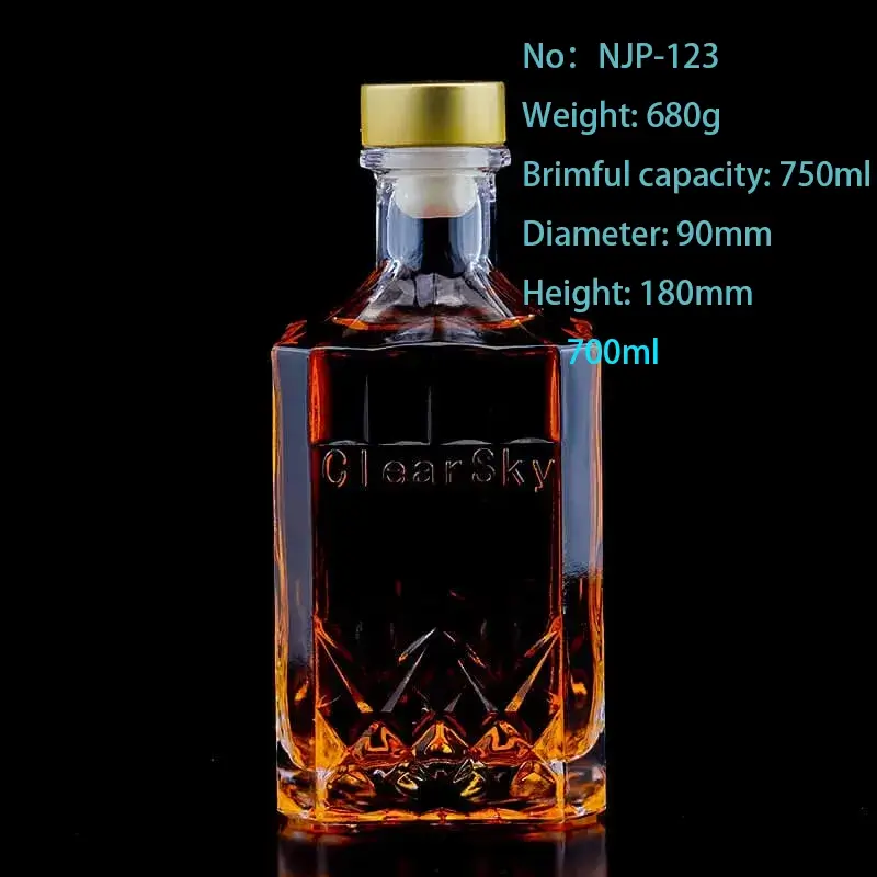 Custom 700ml Square Vodka Glass Bottle | Premium Shining Super Flint Spirit Bottle with Cap