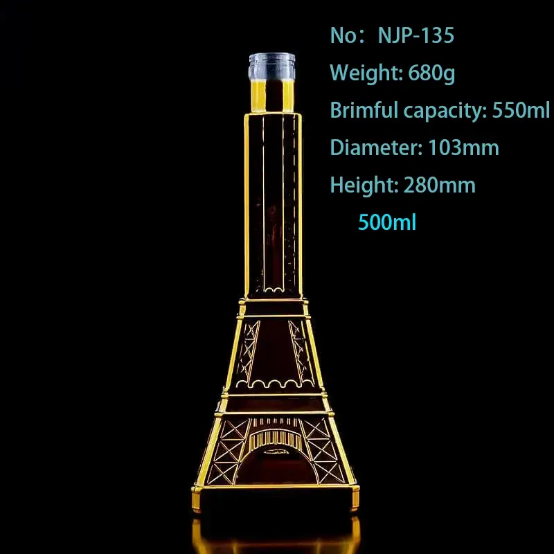 Custom 500ml Eiffel Tower Shaped Liquor Bottle | Unique Electroplated & Embossed Vodka Glass Bottle for Spirits
